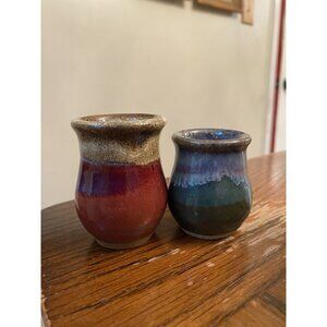 Handcrafted Clay Pottery Mini Vases Pair - Red & Green Glazed Stoneware - 2 Inch